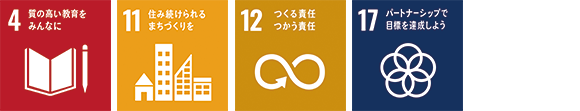 SDGs　4 質の高い教育をみんなに　11 住み続けられるまちづくりを　12 つくる責任つかう責任　17 パートナーシップで目標を達成しよう